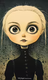 the face of an animated character in black dress with large eyes
