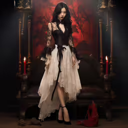 a woman wearing a gothic costume stands in front of a dark red background,a woman standing next to an ornate chair and red shoe