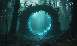 the dark and mysterious forest is illuminated by light