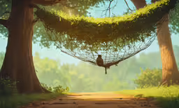 a bird sitting on a hammock in the middle of the forest,a bird sitting in a hammock next to a tree on the ground