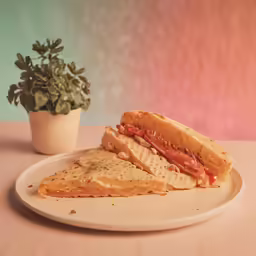 a white plate with two sandwiches on it next to a potted plant