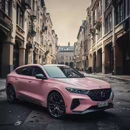 a pink sports car parked on the side of a street