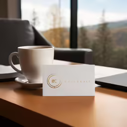 a coffee cup and card on a table in a restaurant