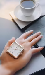 a hand with a small gold square shaped watch