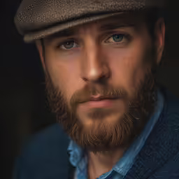 a man in a hat and sweater is posed