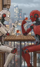 two robots drinking wine and talking to each other