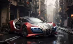 an animation of a bugatti car with red tires in a street