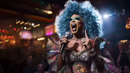 a woman singing into a microphone with blue hair,woman in elaborate outfit singing into microphone with audience