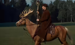 a man dressed as a man riding on top of a horse