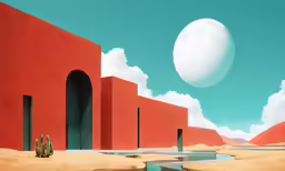a painting of a desert landscape with red walls
