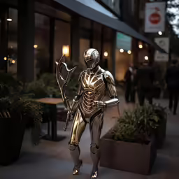 a shiny gold robot statue next to some plants