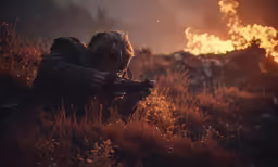a person in the wild with a gun and a camera