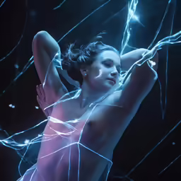 a woman is posing with a blue light painting