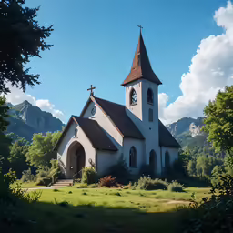 a church with a steeple surrounded by trees