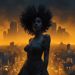 a woman standing in front of a large city