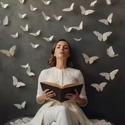 a woman is sitting on a bed reading a book while butterflies are scattered over her