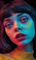 the image is an artistic and colorful illustration of a girl with blue eyes