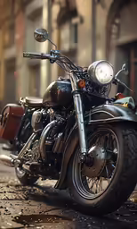 two motorcycles are parked together on a cobblestone street