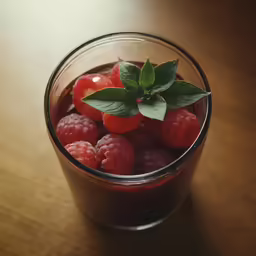 raspberries are in the glass with ice cream and mint