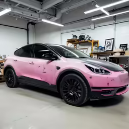 a pink suv parked in a garage covered with pink paint