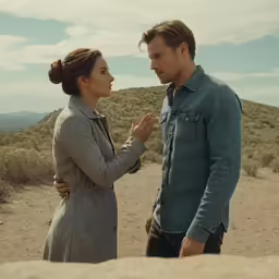 a man and woman talking each other in the desert