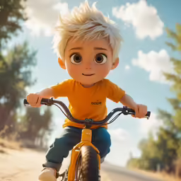 the character is riding a small motorcycle
