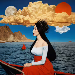 a painting with a woman in a boat floating on the water,a painting that depicts a woman on a boat in front of the sea