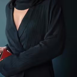 woman in black holding a red book and showing the other red folder