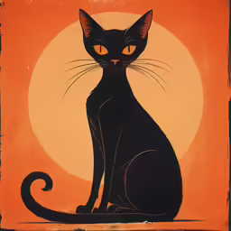 a cat sitting on top of a table with an orange and black background