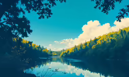 the image shows a scenic lake with green trees and blue sky