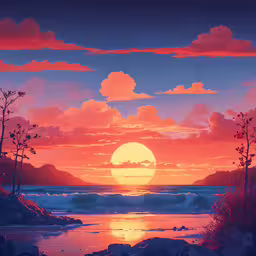 a sunset by the beach with rocks and trees,an image of a sunset taken from the top of a mountain
