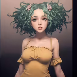 an illustration shows a girl with green hair
