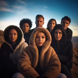 several people wearing coats sit outside in front of a backdrop