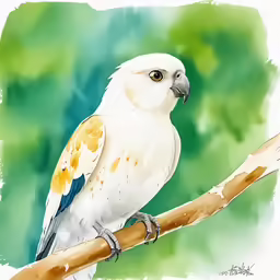 a bird perched on a branch in a green and white painting