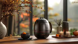 a wooden shelf holding various vases and a coffee pot,three different sizes of vases on a table