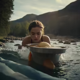 a young woman is bathing in a river