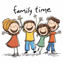 kids standing together with their arms in the air and one on each side of the image saying family time