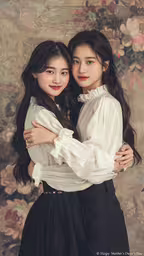 two young women hugging and smiling in front of a floral wall,two young girls, one holding the back of another