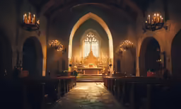a church with pews and a very big window
