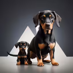 a dachshund dog next to a smaller puppy
