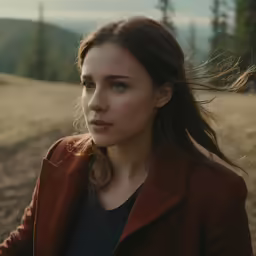 a woman with brown hair and long hair sitting in a field