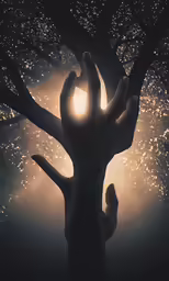 a hand extending toward the sun through a tree