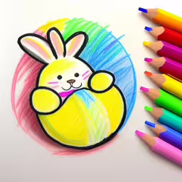 colored pencils drawing an image of a cartoon rabbit in the shape of a balloon,a drawing of a rabbit with several colored pencils