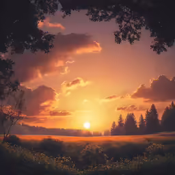 a beautiful sunrise over the forest with clouds and a red light