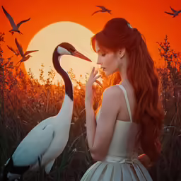 a beautiful woman with a long red hair next to a white bird
