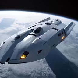 a futuristic fighter jet flies through the air