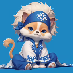 a cat statue sitting on top of a blue background