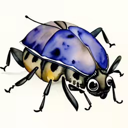 a drawing of a bug on a white background,this is a painting of a blue and yellow bug