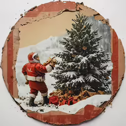 a polaroid photo of a santa clause decorating a fir tree