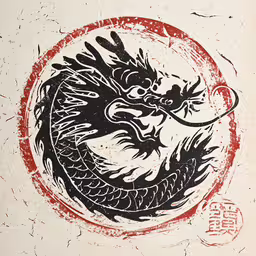 a painting of a dragon with chinese symbols,a black and white dragon is on an oriental background